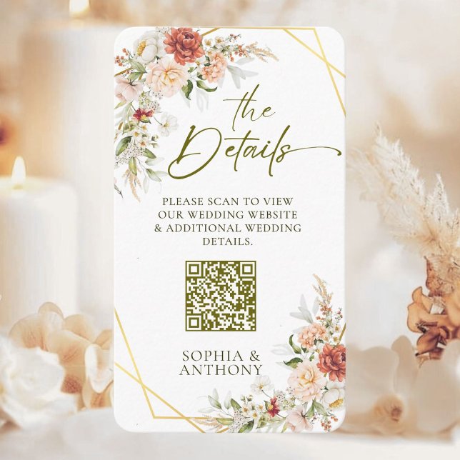 QR Code Wedding Details Boho Gold Foliage Begleitkarte (Von Creator hochgeladen)