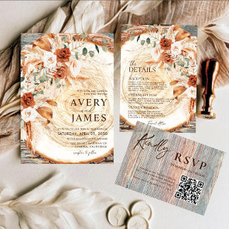 QR Code Wedding Invitation Boho Pampas Wood Slice  Einladung