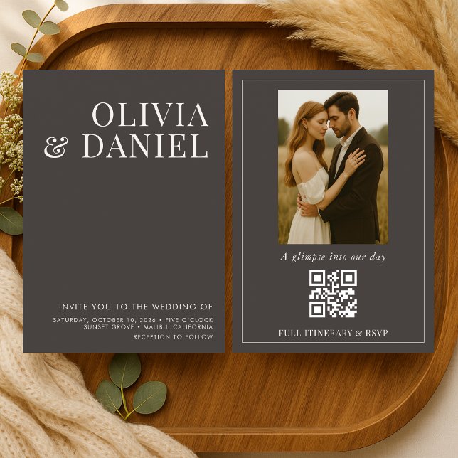 QR Code Wedding Mocha Brown Minimalist Photo  Einladung (Von Creator hochgeladen)