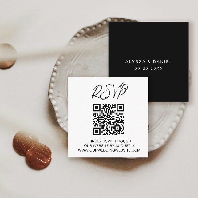 QR CODE Wedding RSVP Hochzeitswebsite Begleitkarte (Simple, black and white, wedding RSVP QR code to website enclosure card.)