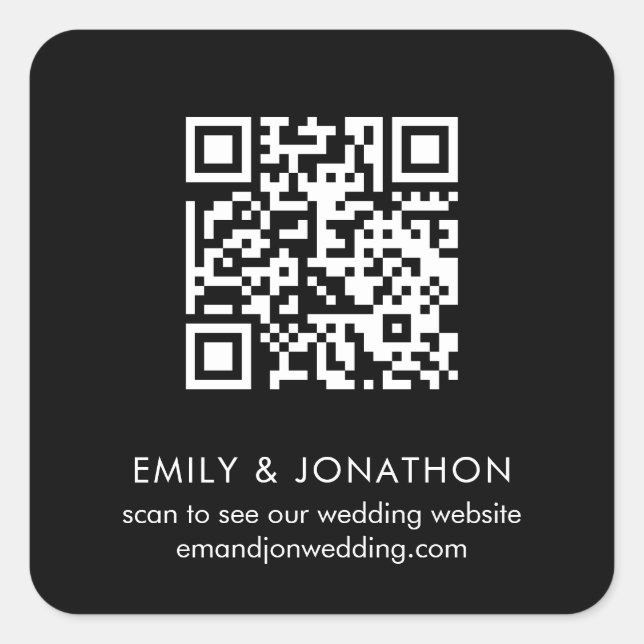 QR Code Wedding Website Namen White Black Quadratischer Aufkleber (Vorderseite)