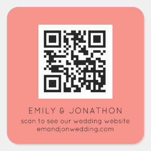 QR Code Wedding Website Names Coral Rose Quadratischer Aufkleber