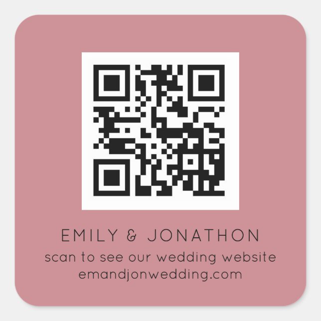 QR Code Wedding Website Names Dusty Rose Quadratischer Aufkleber (Vorderseite)