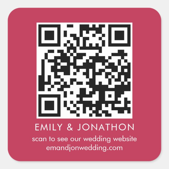 QR Code Wedding Website Names Magenta Quadratischer Aufkleber (Vorderseite)