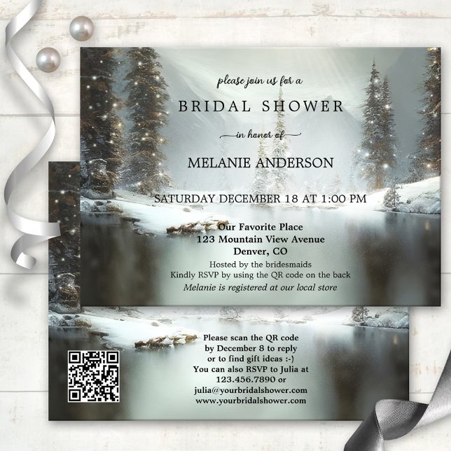 QR Code Weihnachts-Bridal-Dusche Einladung (Winter bridal shower invitation featuring a snow covered mountain landscape with sparkling lights )