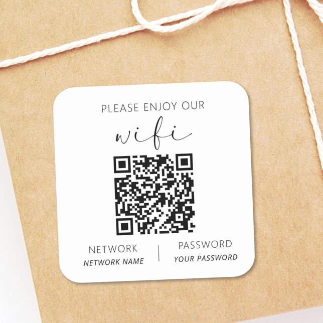 QR Code Weiß Bitte genießen Sie unsere WiFi Quadratischer Aufkleber (Von Creator hochgeladen)