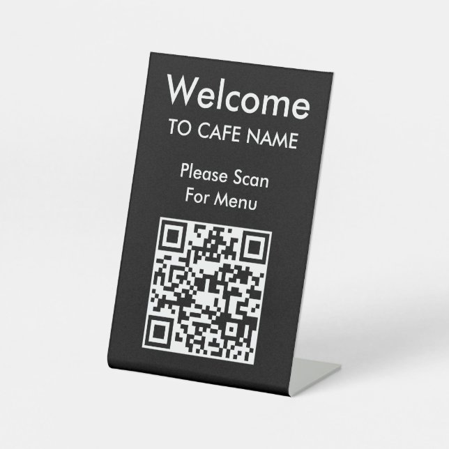 QR Code Welcome Café Restaurant Menü Black Sockelschild (Vorderseite)
