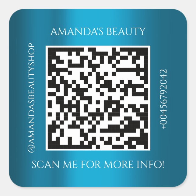 QR-Code Werbe-Name Kontakt Aquamarin Blue Quadratischer Aufkleber (Vorderseite)