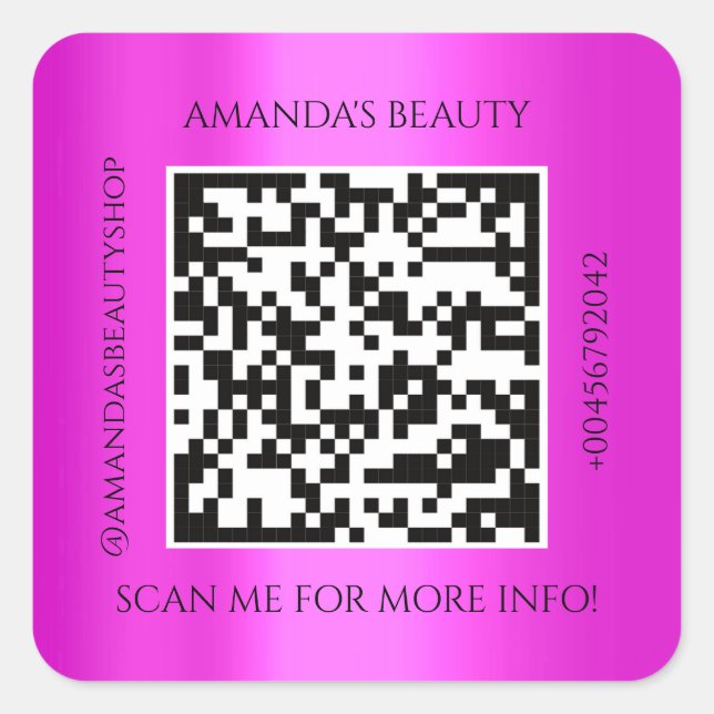QR Code Werbe-Name Kontakt Pink Fuchsia Quadratischer Aufkleber (Vorderseite)