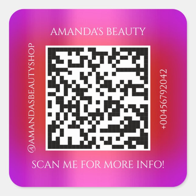 QR Code Werbe-Name Kontakt Rosa Rot Quadratischer Aufkleber (Vorderseite)