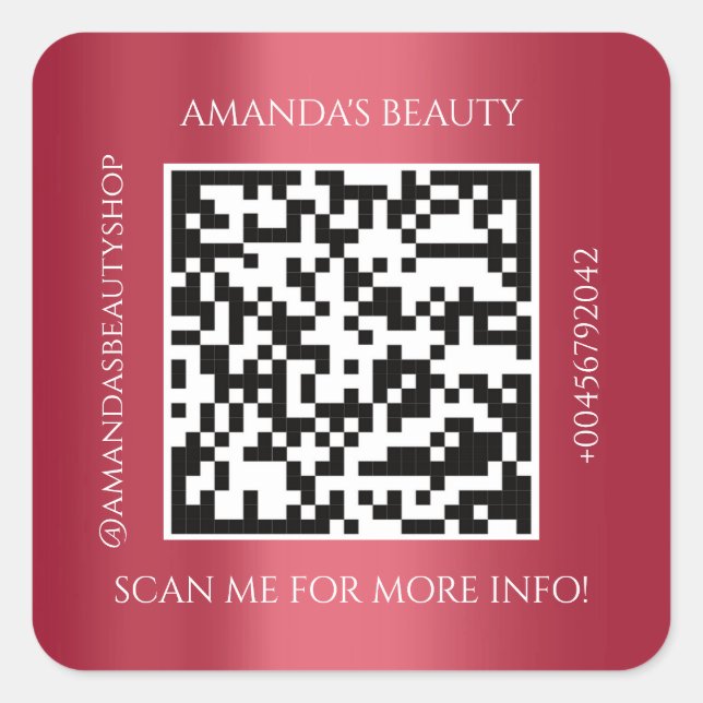 QR-Code Werbe-Name Kontakt Roter Wein Quadratischer Aufkleber (Vorderseite)