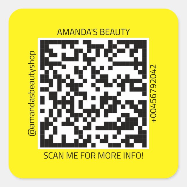 QR Code Werbe-Name Kontakt Web Gelb weiß Quadratischer Aufkleber (Vorderseite)