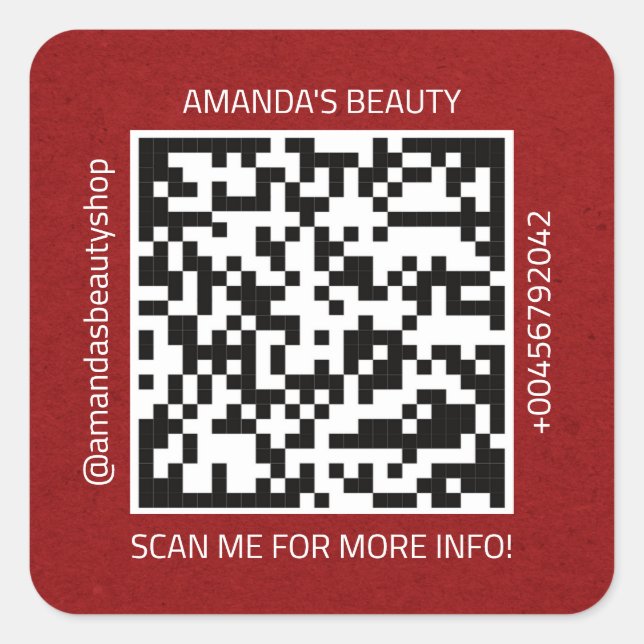 QR Code Werbe-Name Kontakt Web Natural Red Quadratischer Aufkleber (Vorderseite)