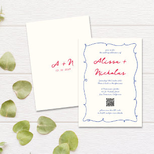 QR Code Whimsical Wavy Colorful Monogram Wedding Einladung