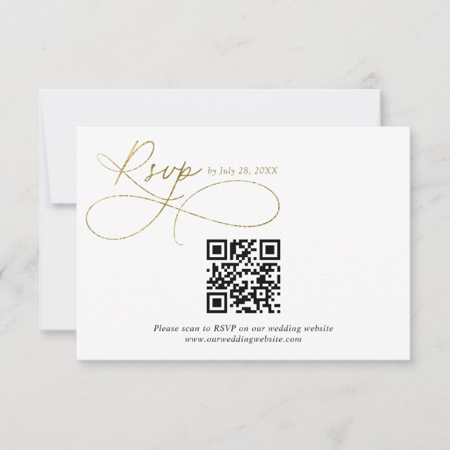 QR Code White and Gold Script Calligraphy Wedding RSVP Karte (Vorderseite)