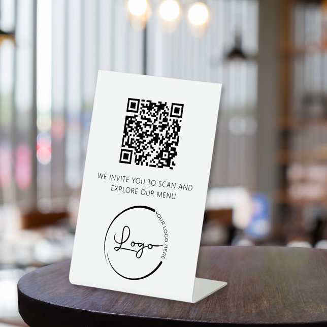 QR Code White Menu Logo Modernes Restaurant Sockelschild (Von Creator hochgeladen)