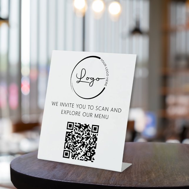 QR Code White Menu Logo Modernes Restaurant Sockelschild (Von Creator hochgeladen)