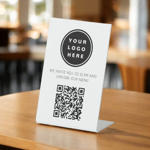 QR Code White Menu Logo Modernes Restaurant Sockelschild