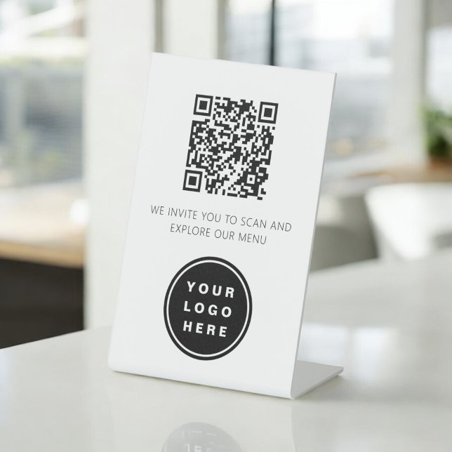 QR Code White Menu Logo Modernes Restaurant Sockelschild (Von Creator hochgeladen)