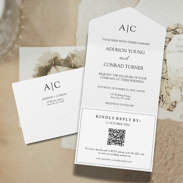 QR Code White Monogram Wedding All In One Einladung (Von Creator hochgeladen)