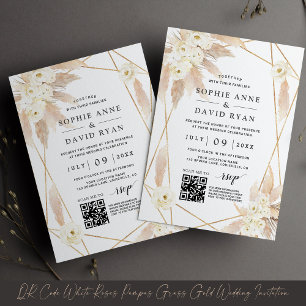 QR Code White Roses Pampas Grass Gold Hochzeit Einladung