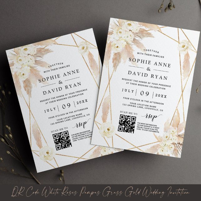 QR Code White Roses Pampas Grass Gold Hochzeit Einladung (Von Creator hochgeladen)