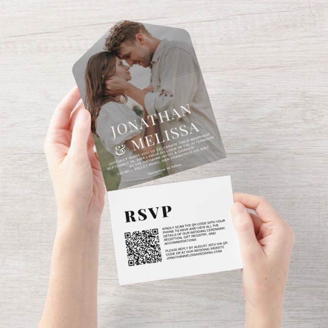 QR-Code | White Simple Overlay Foto Wedding All In One Einladung (Abreißen)