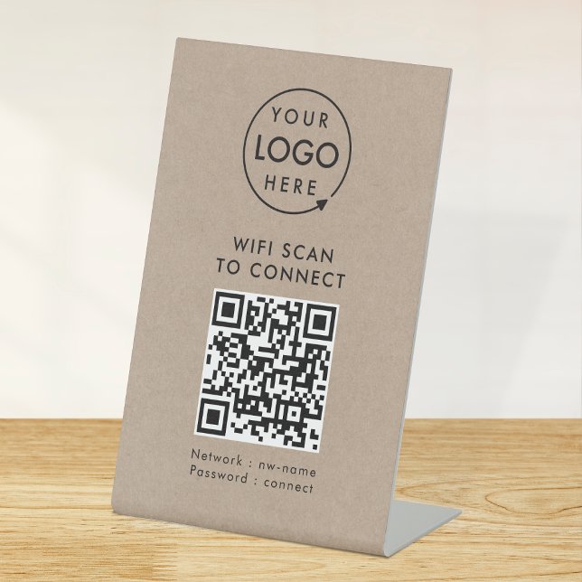 QR-Code Wifi | Rustikales Kraft-Business-Logo Inte Sockelschild (Company branded WiFi tabletop signs with QR code, connecting users seamlessly to your Wi-Fi.)