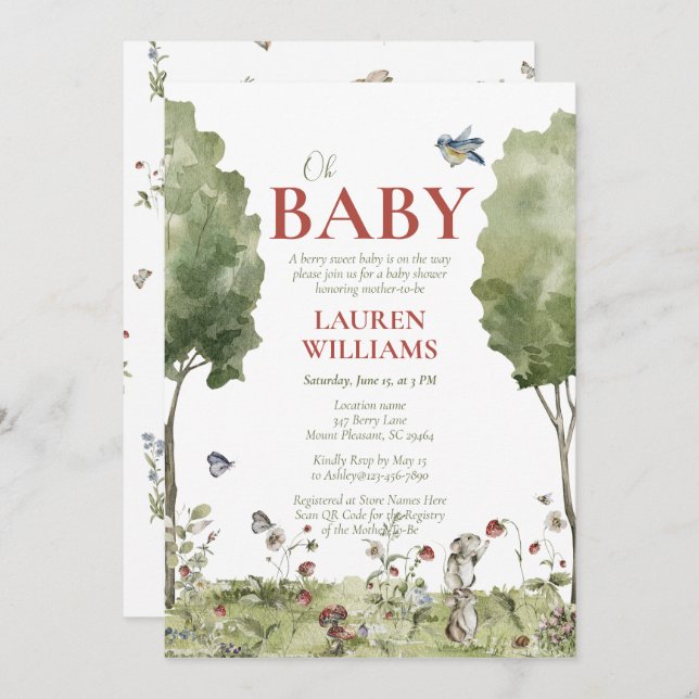 QR Code Wildblume Erdbeere Oh Babydusche Einladung (Vorne/Hinten)