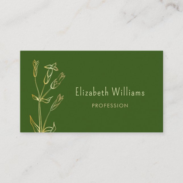 QR-Code | Wildblume Gold Green Minimalistisch Visitenkarte (Vorderseite)