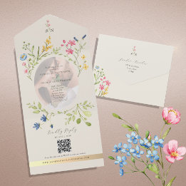 QR Code Wildflower Photo Wedding All In One Einladung