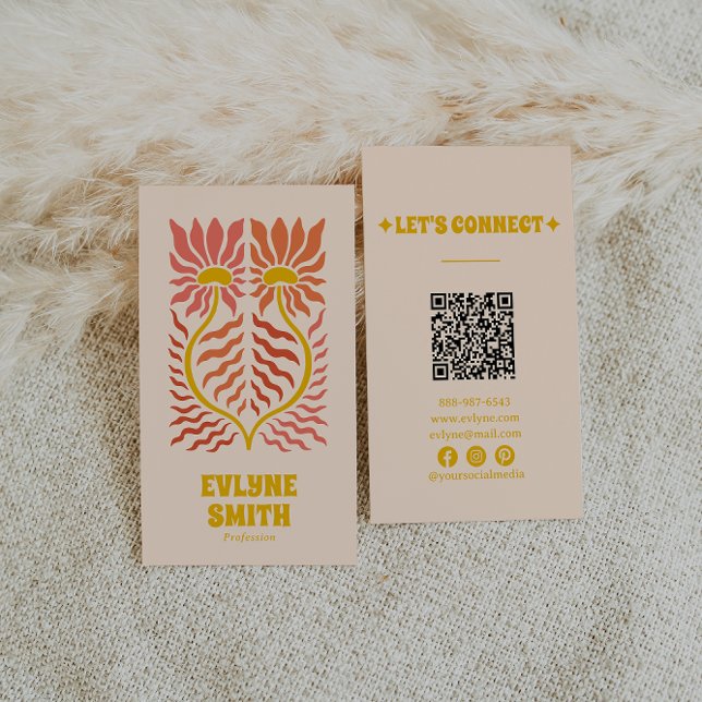 QR Code Yellow Groovy Floral Terracotta Boho Visitenkarte (Von Creator hochgeladen)