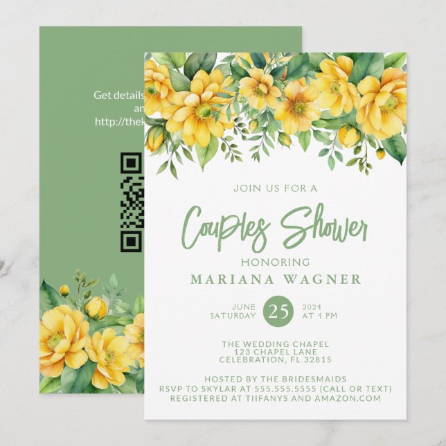 QR-Code Yellow Sage Florale Paar-Shower  Einladung (Vorne/Hinten)