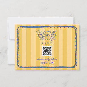 QR Code Yellow Stripe Blue Floral Wedding QR UAWG RSVP Karte