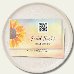 QR Code Yoga Instructor Sunflower Watercolor Visitenkarte