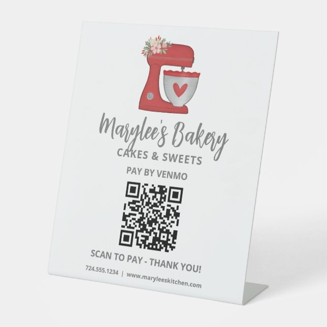 QR-Code-Zahlung Hier Rotes Mixer-Bäckerei-Podiumss Sockelschild (Vorderseite)