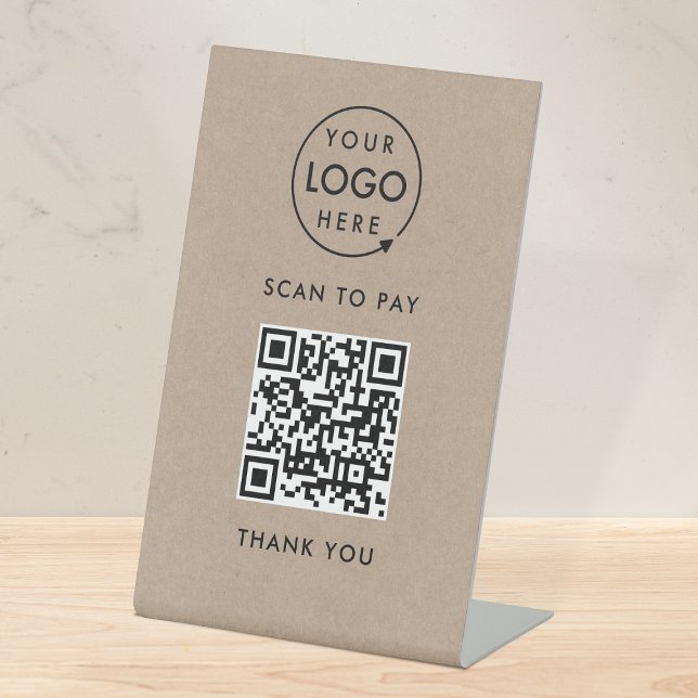 QR-Code-Zahlung | Rustic Kraft Logo Scan to Pay Sockelschild (Interactive "scan to pay” QR code cash wrap table signs for electronic payment transactions.)