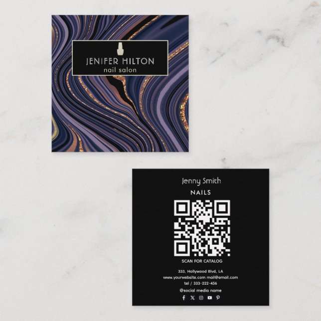 QR-Code Zeitgenössischer lila Nagelsalon mit agodi Quadratische Visitenkarte (Vorne/Hinten)