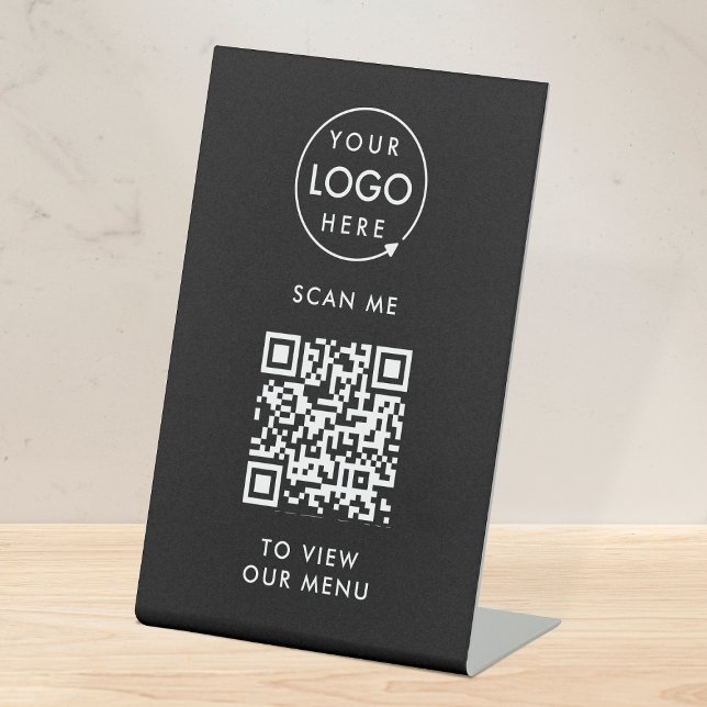 QR-Codemenü | Schwarzes Logo, berührungslos, moder Sockelschild (Branded interactive QR code menu table signs for restaurants, bars, cafes & hospitality events!)