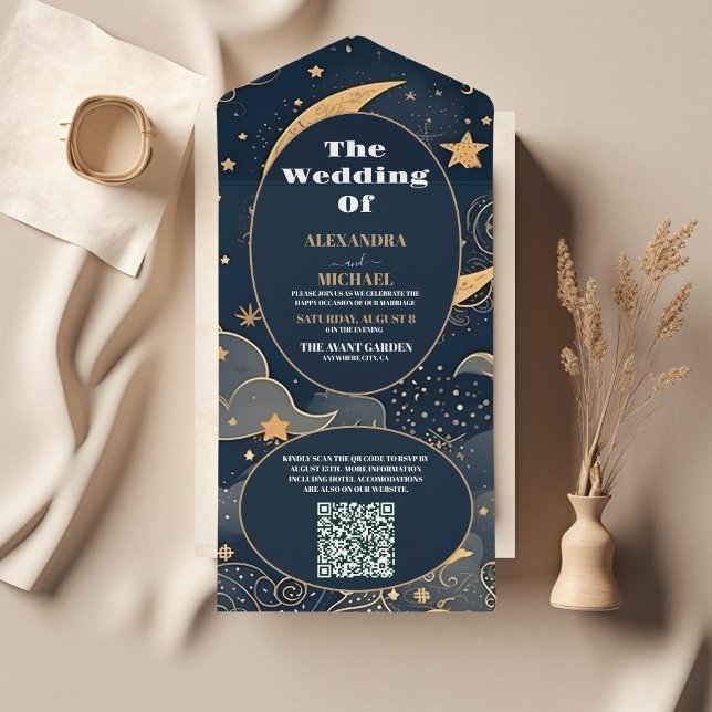 QR CodeMidnight Blue Gold Celestial Wedding All In One Einladung (Von Creator hochgeladen)