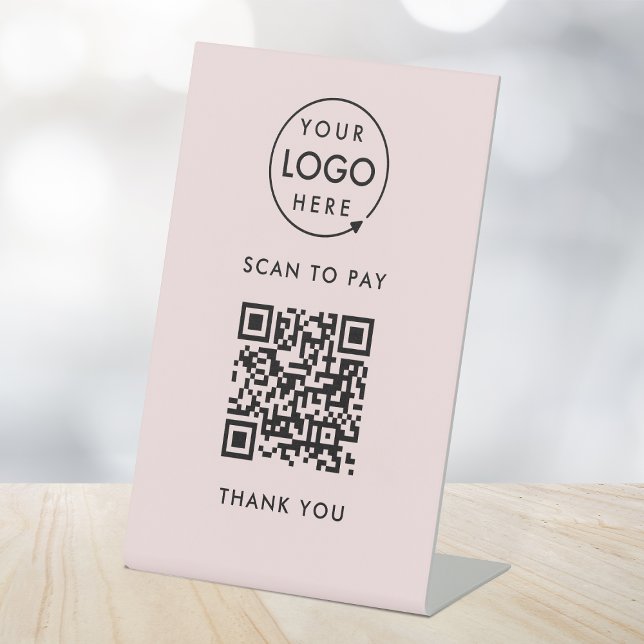 QR-Codeprüfung zu zahlen | Pink-Business-Logo Sockelschild (Interactive "scan to pay” QR code cash wrap table signs for electronic payment transactions.)
