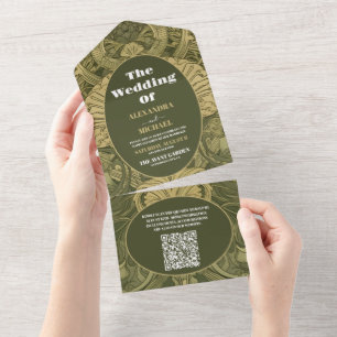 QR CodeVintage Floral Art Nouveau Wedding All In One Einladung
