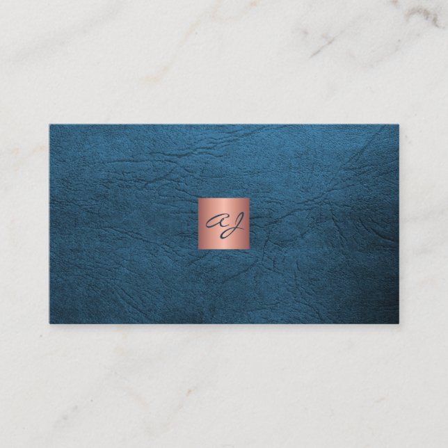 QR elegant luxury blue leather rose gold monogram  Visitenkarte (Vorderseite)