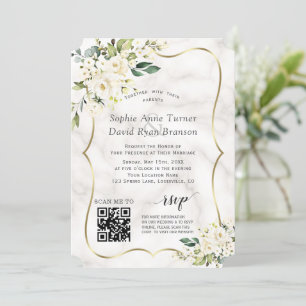QR Elegante White Blume Goldmarmorhochzeit Einladung