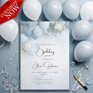 QR Festive Dusty Blue Weiße Blume und Balloons Einladung