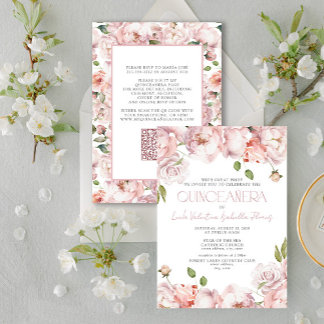 QR Formal Elegant Blush Pink Floral Quinceanera Einladung