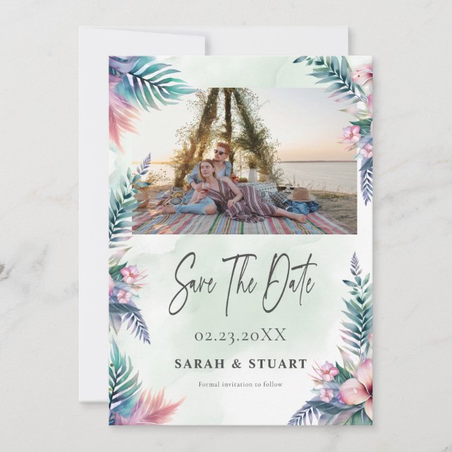 QR-Foto für tropische Palmen Save the Date Einladung (Vorderseite)