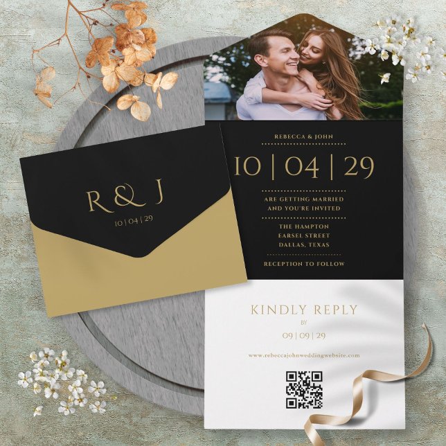 QR-Foto-Hochzeitdatum für Schwarz-Gold-Monogramm All In One Einladung (Black And Gold Monogram QR Code Photo Wedding Date All In One Invitation)