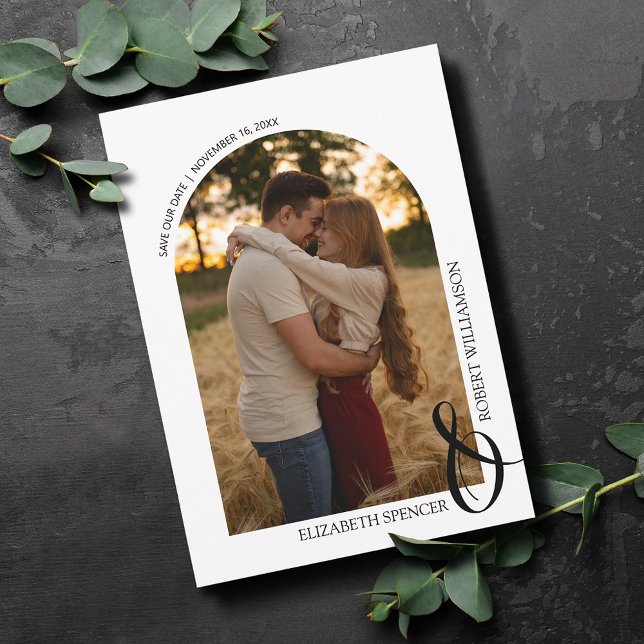 QR-Foto Hochzeiten Save the Date (Arched photo wedding save the date cards with our website QR code on the back)