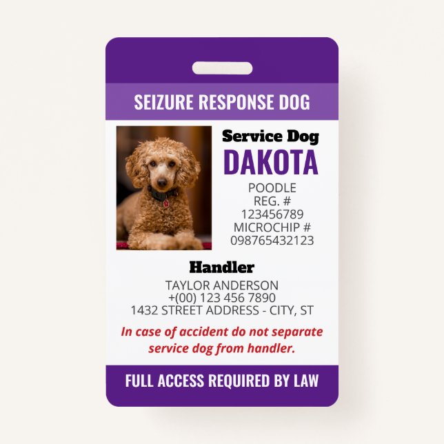 QR-Foto-ID für lila Seizure Response-Dog Ausweis (Vorderseite)